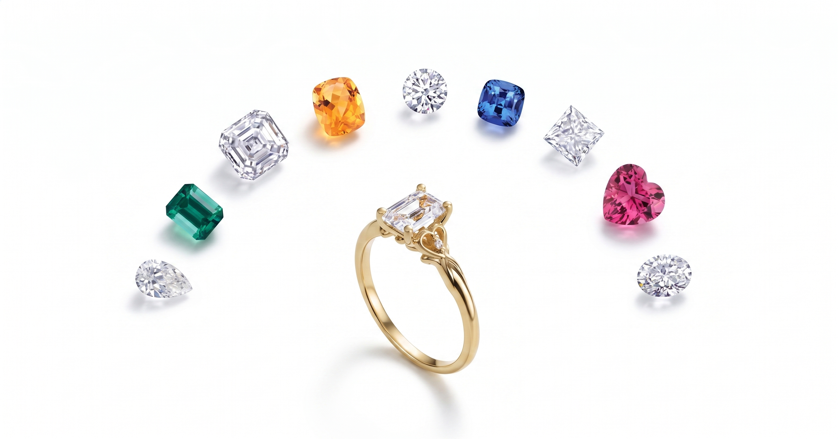 Gold ring with colorful gemstones on a white background
